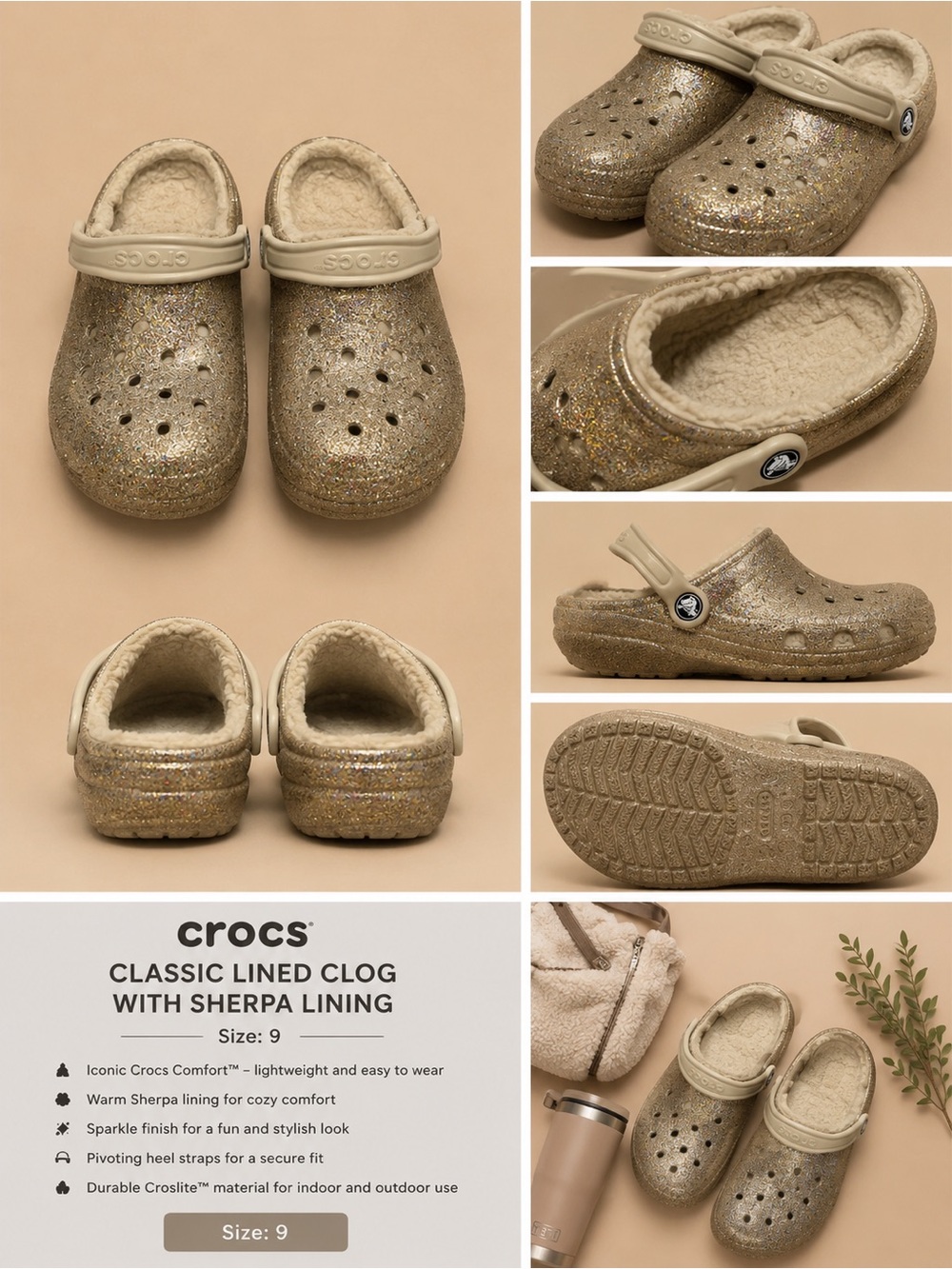 CROCS Classic Lined Clog in Gold Glitter with Sherpa